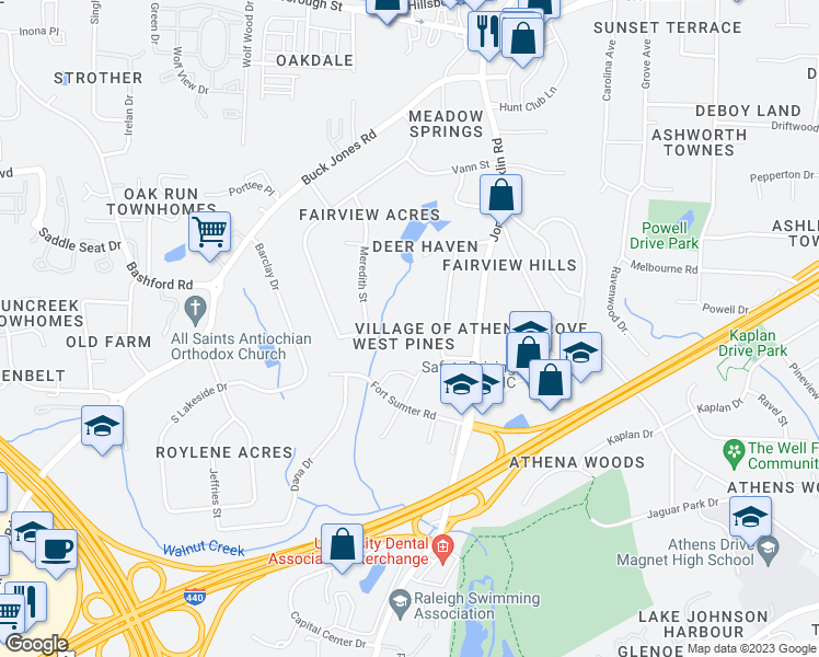 map of restaurants, bars, coffee shops, grocery stores, and more near 5216 Westpine Court in Raleigh