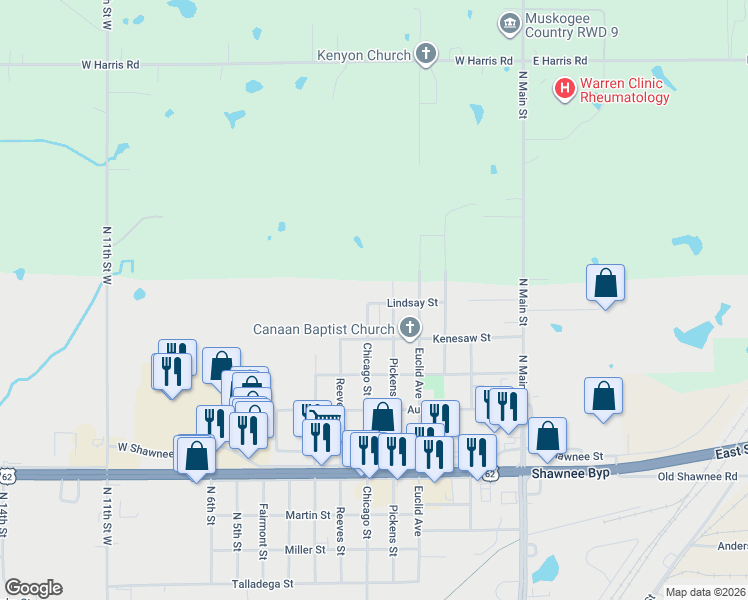 map of restaurants, bars, coffee shops, grocery stores, and more near 2417 Chicago Street in Muskogee