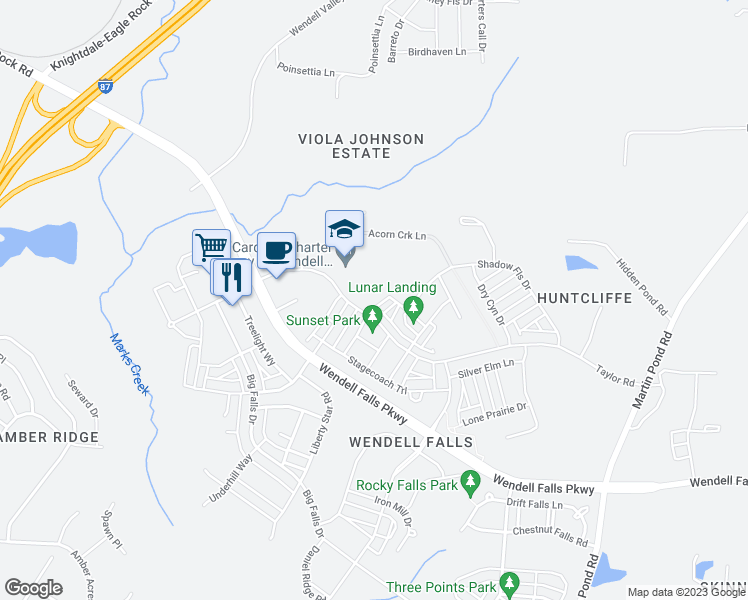 map of restaurants, bars, coffee shops, grocery stores, and more near 156 Big Barn Drive in Wendell