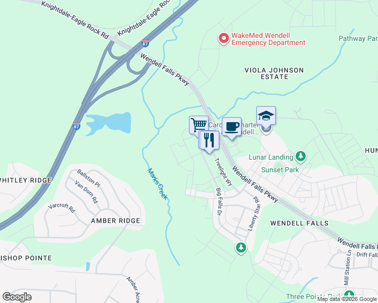 map of restaurants, bars, coffee shops, grocery stores, and more near 6177-6229 Wendell Falls Parkway in Wendell