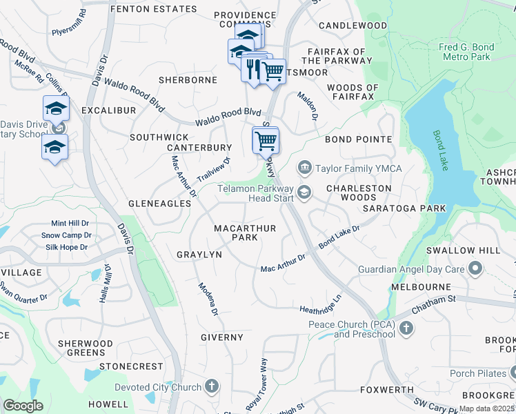 map of restaurants, bars, coffee shops, grocery stores, and more near 118 Disraeli Drive in Cary