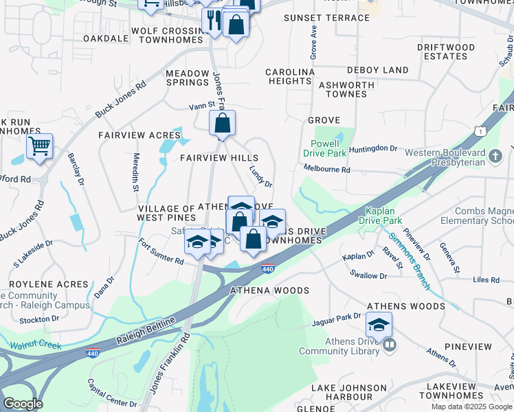 map of restaurants, bars, coffee shops, grocery stores, and more near 914 Athens Drive in Raleigh