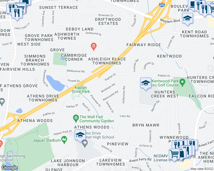 map of restaurants, bars, coffee shops, grocery stores, and more near 5100 Wickham Road in Raleigh