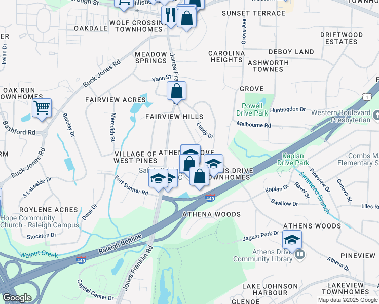 map of restaurants, bars, coffee shops, grocery stores, and more near 900 Bouree Circle in Raleigh
