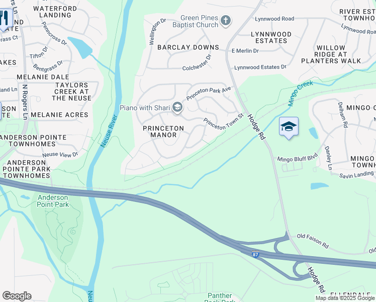 map of restaurants, bars, coffee shops, grocery stores, and more near 3010 Stamford Green Drive in Knightdale