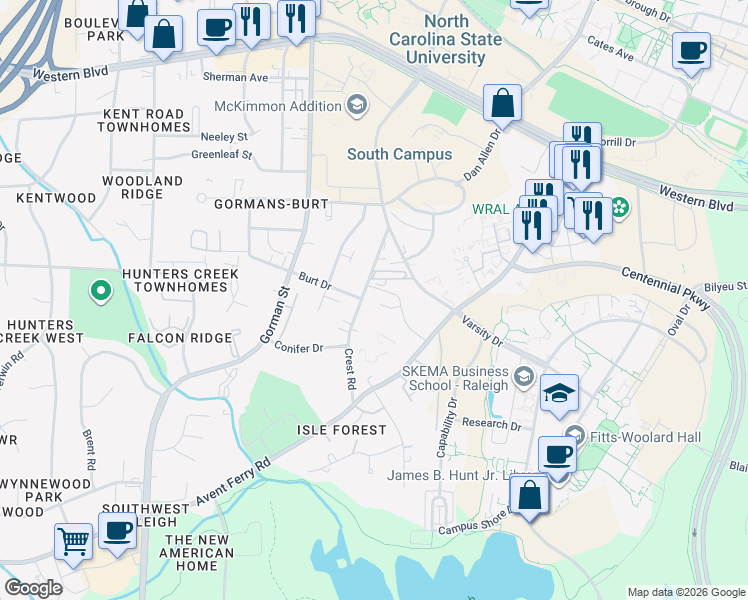 map of restaurants, bars, coffee shops, grocery stores, and more near 1527 Crest Road in Raleigh