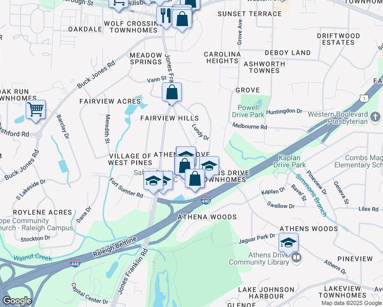 map of restaurants, bars, coffee shops, grocery stores, and more near 914 Athens Drive in Raleigh