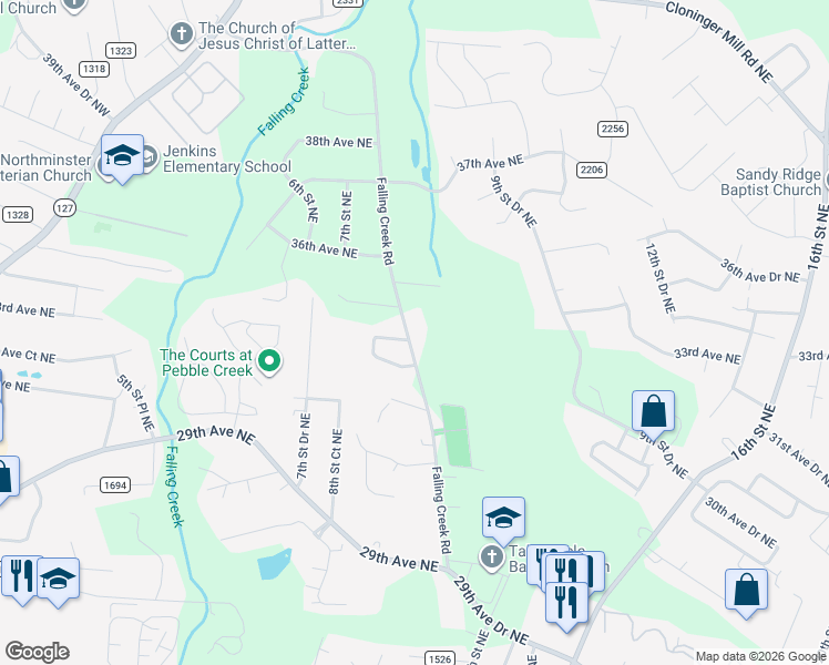 map of restaurants, bars, coffee shops, grocery stores, and more near 3404 Falling Creek Road in Hickory
