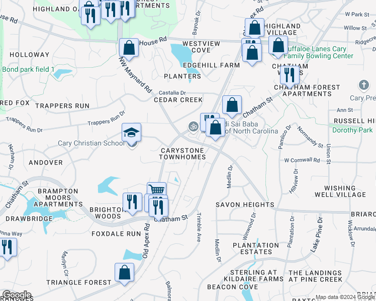 map of restaurants, bars, coffee shops, grocery stores, and more near 107 Candace Place in Cary