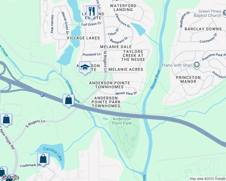 map of restaurants, bars, coffee shops, grocery stores, and more near 290 North Rogers Lane in Raleigh