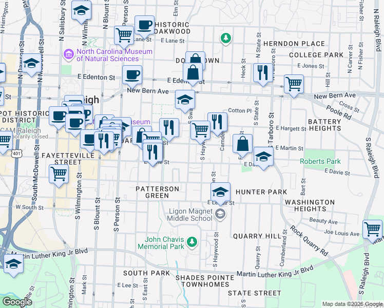 map of restaurants, bars, coffee shops, grocery stores, and more near 610 East Martin Street in Raleigh