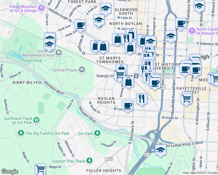 map of restaurants, bars, coffee shops, grocery stores, and more near 308 South Boylan Avenue in Raleigh