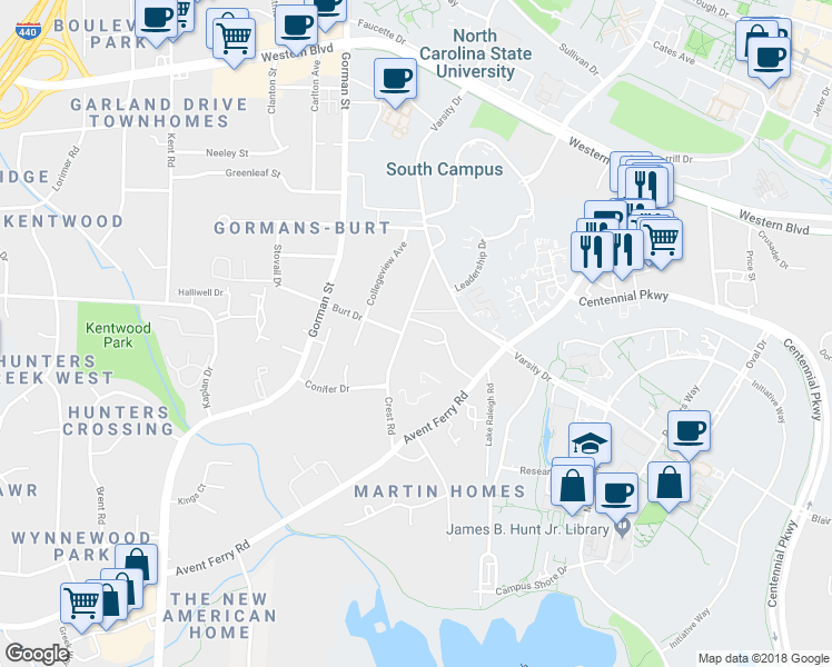 map of restaurants, bars, coffee shops, grocery stores, and more near 1527 Crest Road in Raleigh