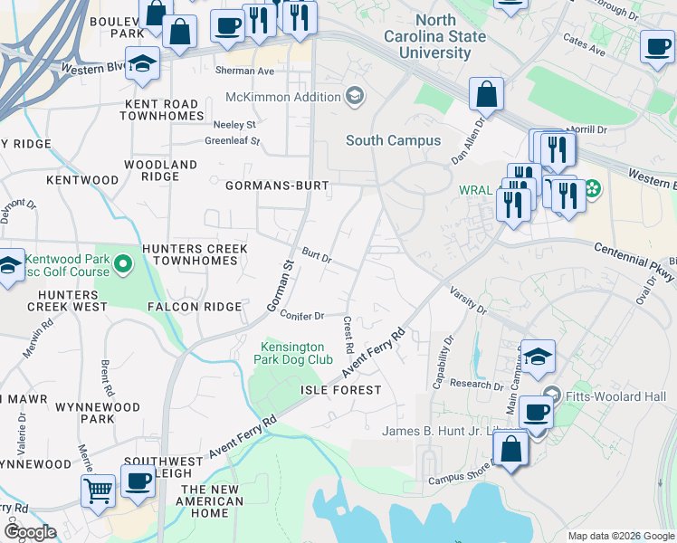 map of restaurants, bars, coffee shops, grocery stores, and more near 3612 Burt Drive in Raleigh