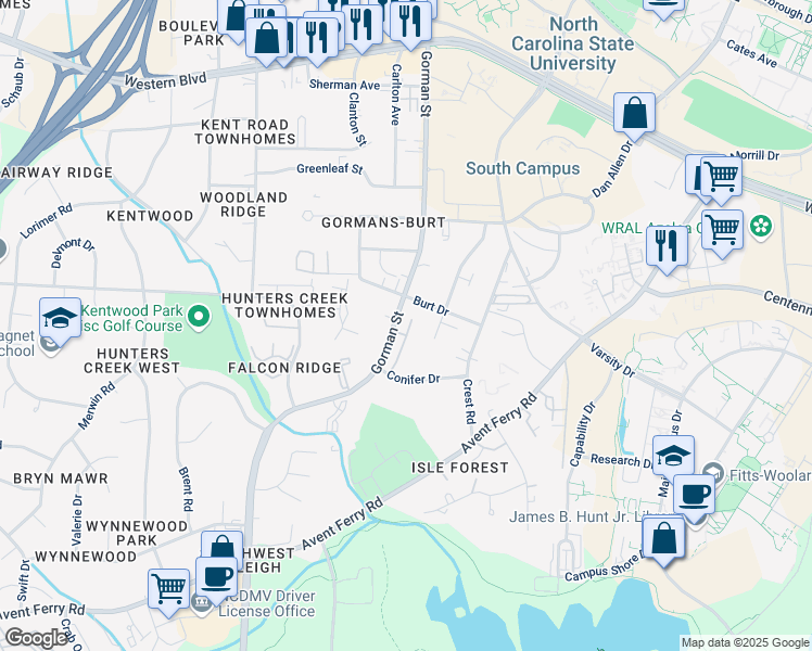 map of restaurants, bars, coffee shops, grocery stores, and more near in Raleigh