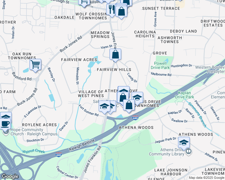 map of restaurants, bars, coffee shops, grocery stores, and more near 403 Jones Franklin Road in Raleigh