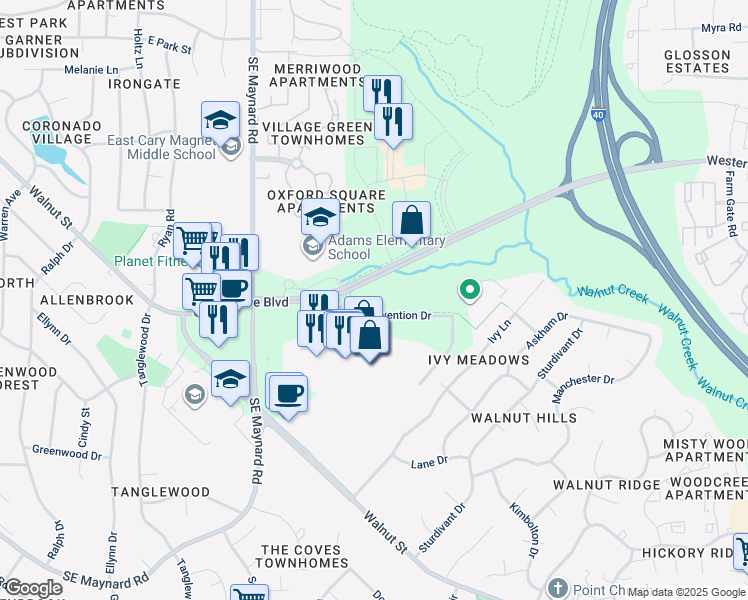 map of restaurants, bars, coffee shops, grocery stores, and more near 105 Convention Drive in Cary