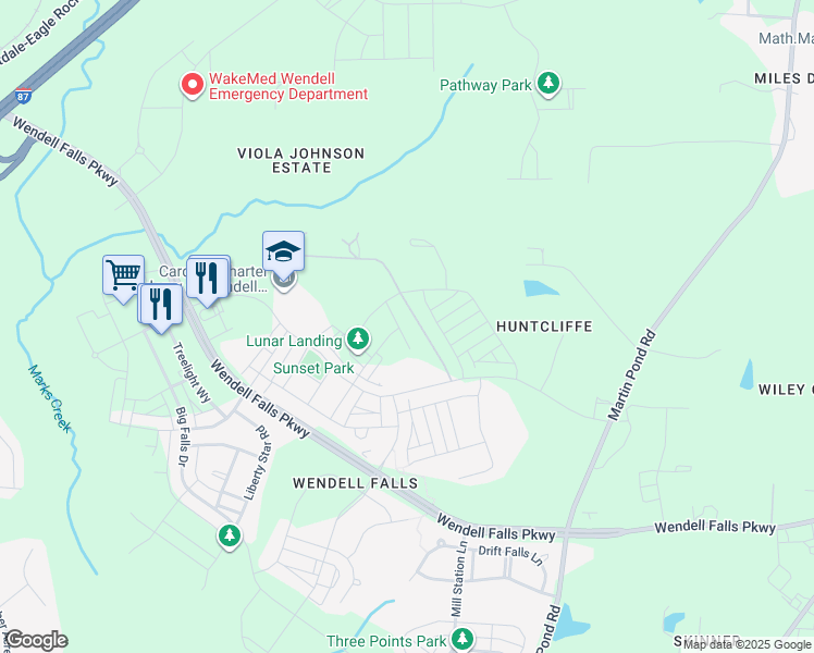 map of restaurants, bars, coffee shops, grocery stores, and more near 1129 Logperch Way in Wendell