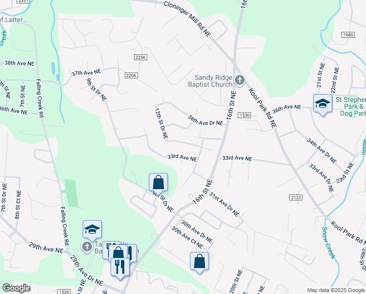 map of restaurants, bars, coffee shops, grocery stores, and more near 1418 34th Avenue Lane Northeast in Hickory