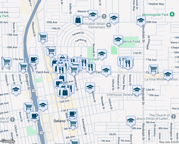 map of restaurants, bars, coffee shops, grocery stores, and more near 1331 Cecil Avenue in Delano