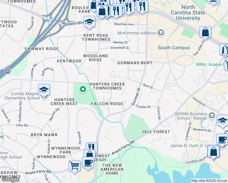 map of restaurants, bars, coffee shops, grocery stores, and more near 1723 Kayla Court in Raleigh