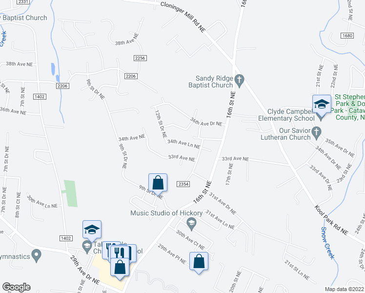 map of restaurants, bars, coffee shops, grocery stores, and more near 1418 34th Avenue Lane Northeast in Hickory