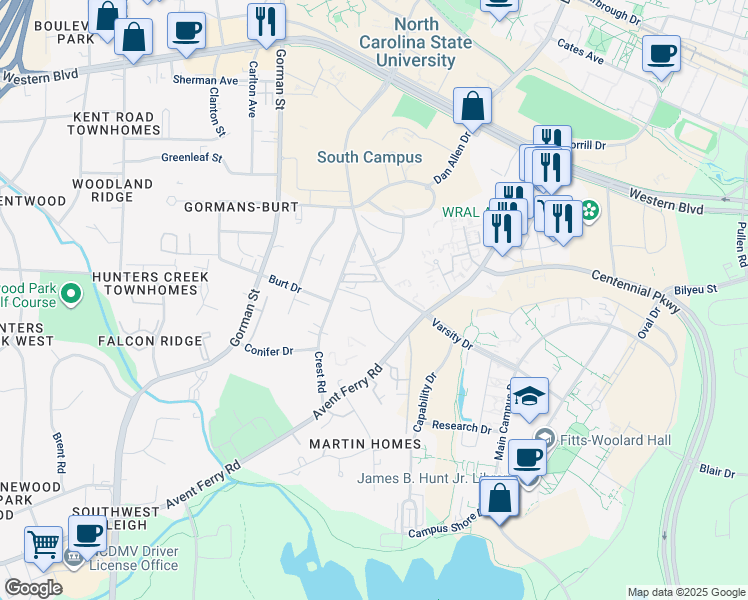 map of restaurants, bars, coffee shops, grocery stores, and more near 3510 Ivy Commons Drive in Raleigh