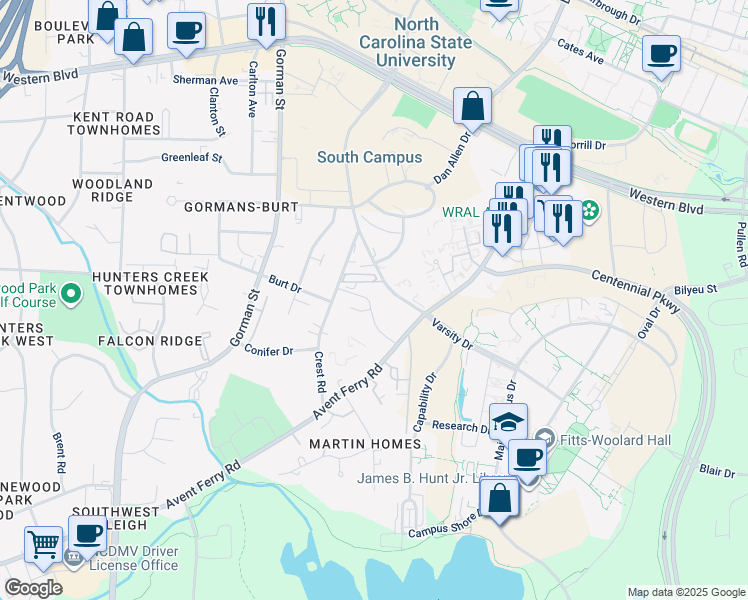map of restaurants, bars, coffee shops, grocery stores, and more near 3510 Ivy Commons Drive in Raleigh