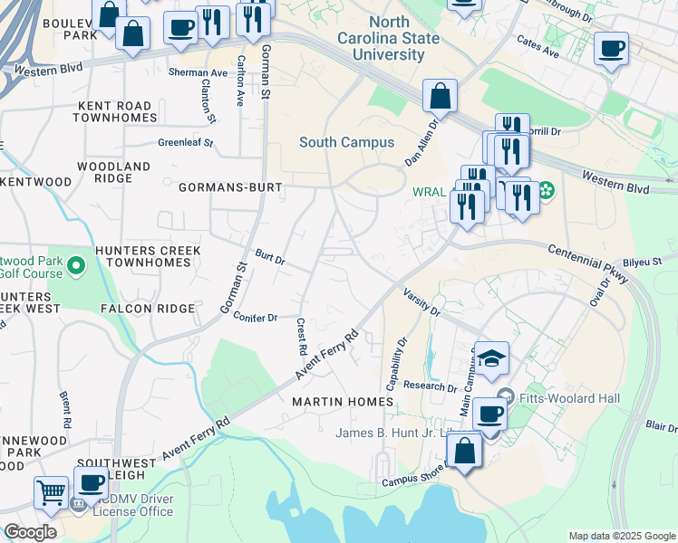 map of restaurants, bars, coffee shops, grocery stores, and more near 1527 Crest Road in Raleigh