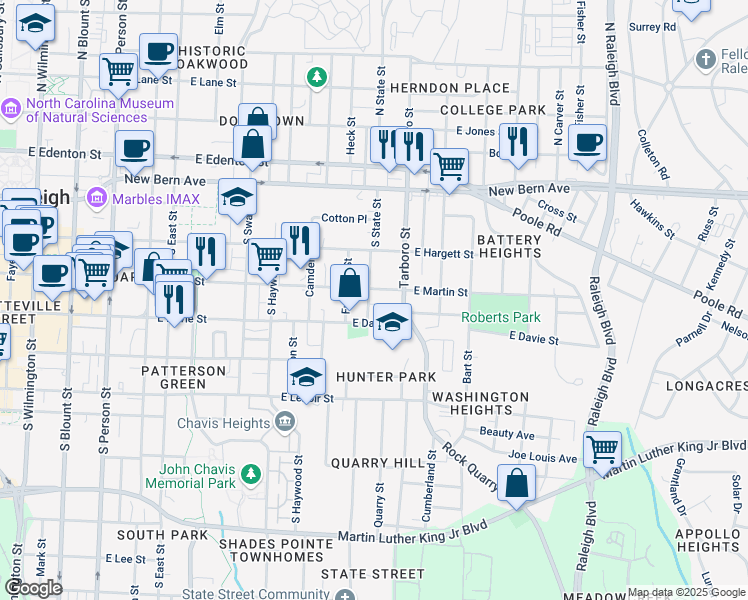 map of restaurants, bars, coffee shops, grocery stores, and more near 911 East Martin Street in Raleigh