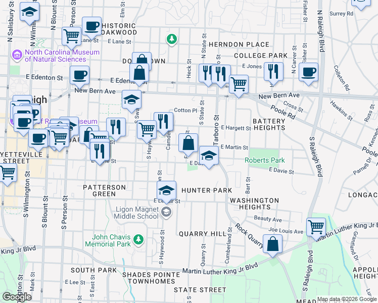 map of restaurants, bars, coffee shops, grocery stores, and more near 911 East Martin Street in Raleigh
