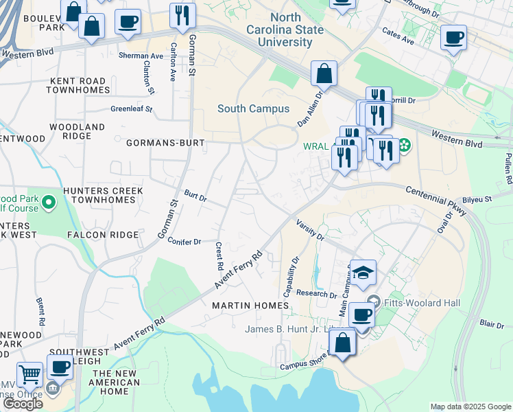 map of restaurants, bars, coffee shops, grocery stores, and more near in Raleigh