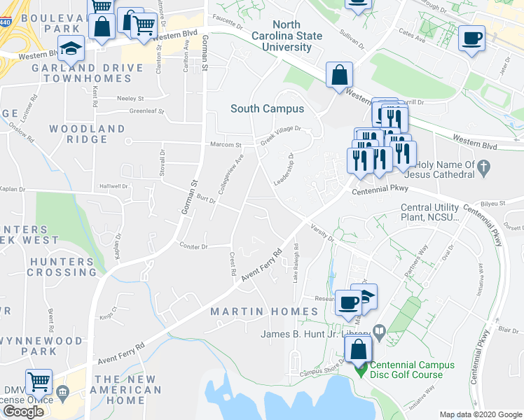 map of restaurants, bars, coffee shops, grocery stores, and more near 1527 Crest Road in Raleigh