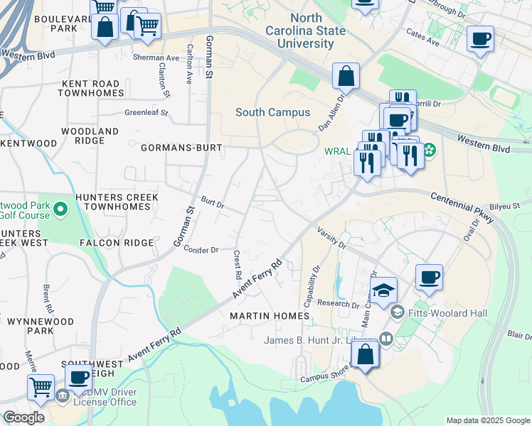 map of restaurants, bars, coffee shops, grocery stores, and more near 1527 Crest Road in Raleigh