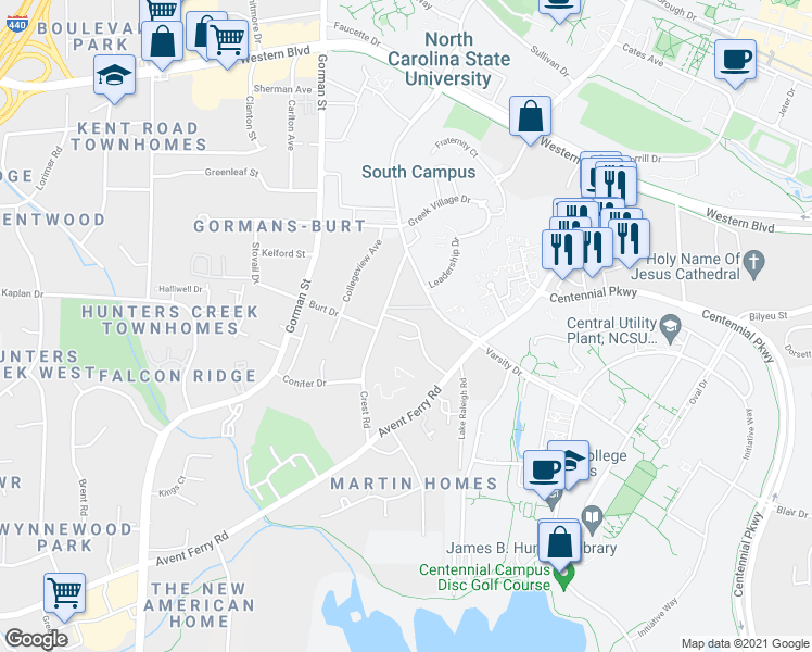 map of restaurants, bars, coffee shops, grocery stores, and more near 1527 Crest Road in Raleigh