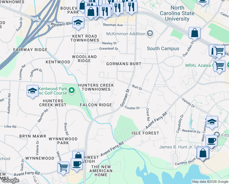 map of restaurants, bars, coffee shops, grocery stores, and more near 1811 Fox Sterling Drive in Raleigh