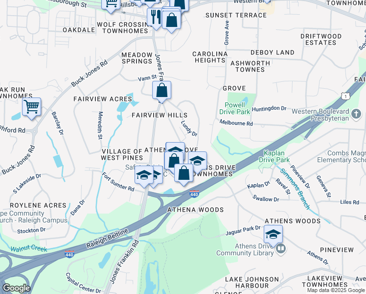 map of restaurants, bars, coffee shops, grocery stores, and more near 900 Bouree Circle in Raleigh