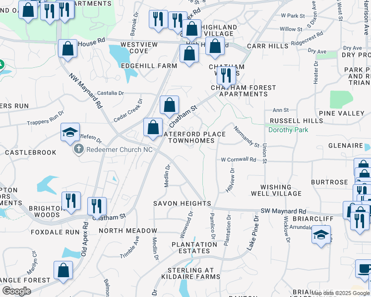 map of restaurants, bars, coffee shops, grocery stores, and more near 335 Danforth Drive in Cary
