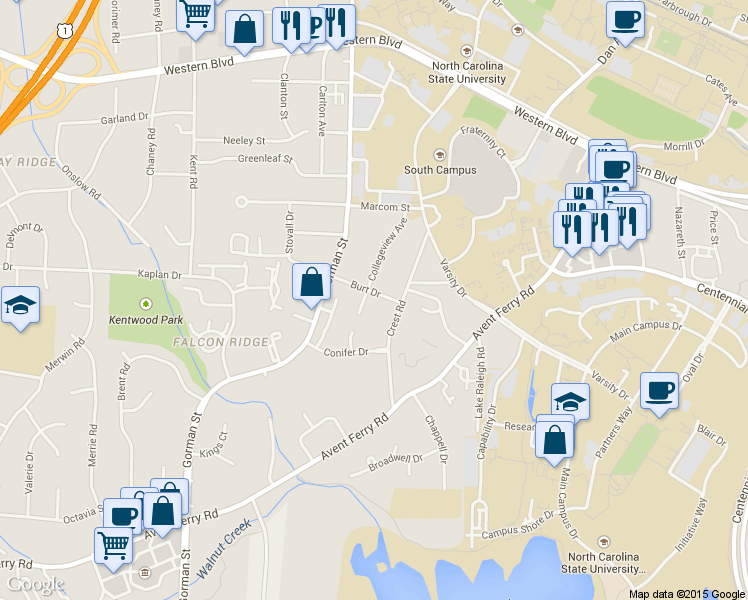 map of restaurants, bars, coffee shops, grocery stores, and more near 3609 Burt Drive in Raleigh