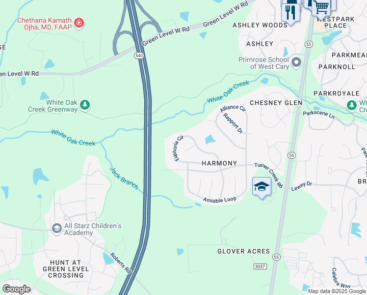 map of restaurants, bars, coffee shops, grocery stores, and more near 712 Unison Court in Cary