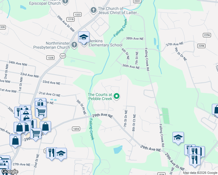 map of restaurants, bars, coffee shops, grocery stores, and more near 603 29th Avenue Northeast in Hickory