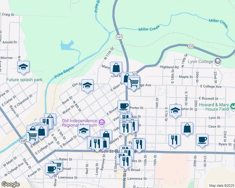 map of restaurants, bars, coffee shops, grocery stores, and more near 175 South 12th Street in Batesville