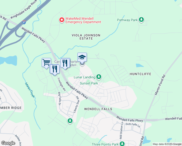 map of restaurants, bars, coffee shops, grocery stores, and more near 144 Big Barn Drive in Wendell