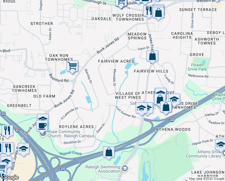 map of restaurants, bars, coffee shops, grocery stores, and more near 360 Meredith Street in Raleigh
