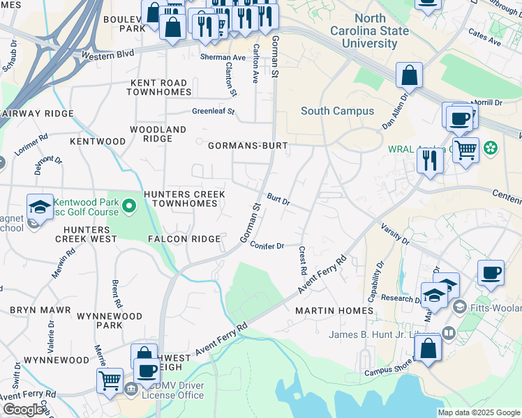 map of restaurants, bars, coffee shops, grocery stores, and more near 1613 Gorman Street in Raleigh