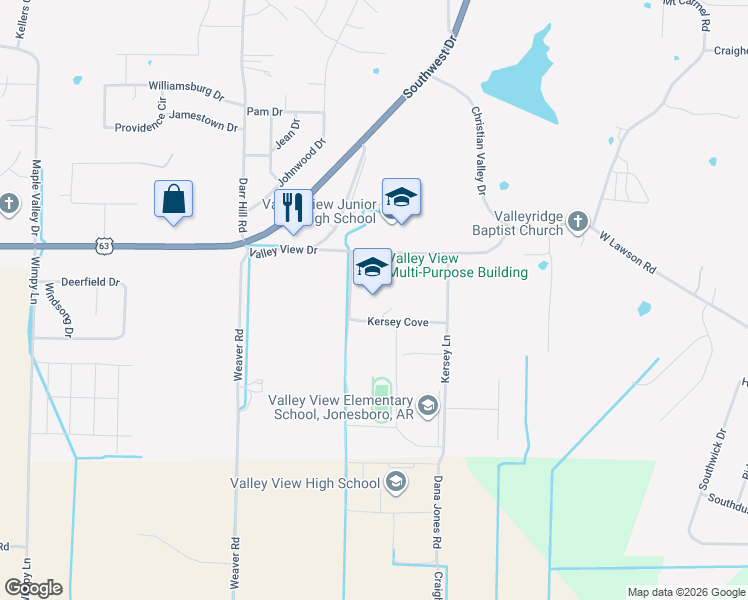 map of restaurants, bars, coffee shops, grocery stores, and more near 2119 Valley View Drive in Jonesboro