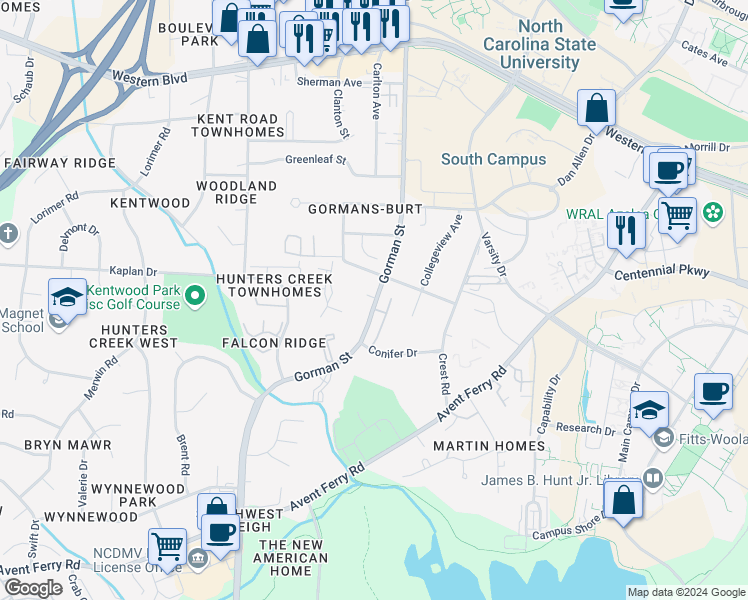 map of restaurants, bars, coffee shops, grocery stores, and more near 3818 Lupton Circle in Raleigh