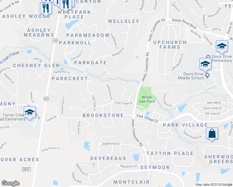 map of restaurants, bars, coffee shops, grocery stores, and more near 105 Pinestone Court in Cary