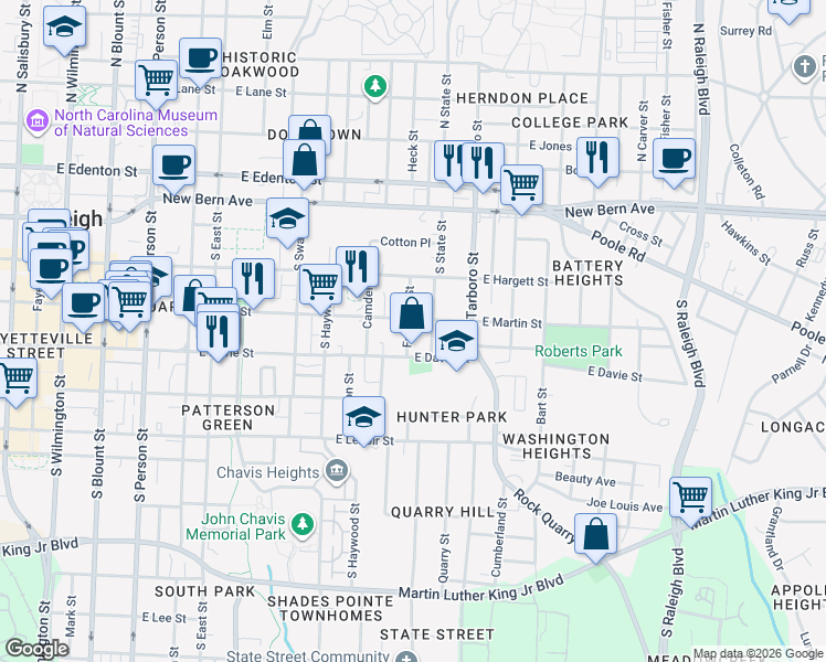 map of restaurants, bars, coffee shops, grocery stores, and more near 911 East Martin Street in Raleigh
