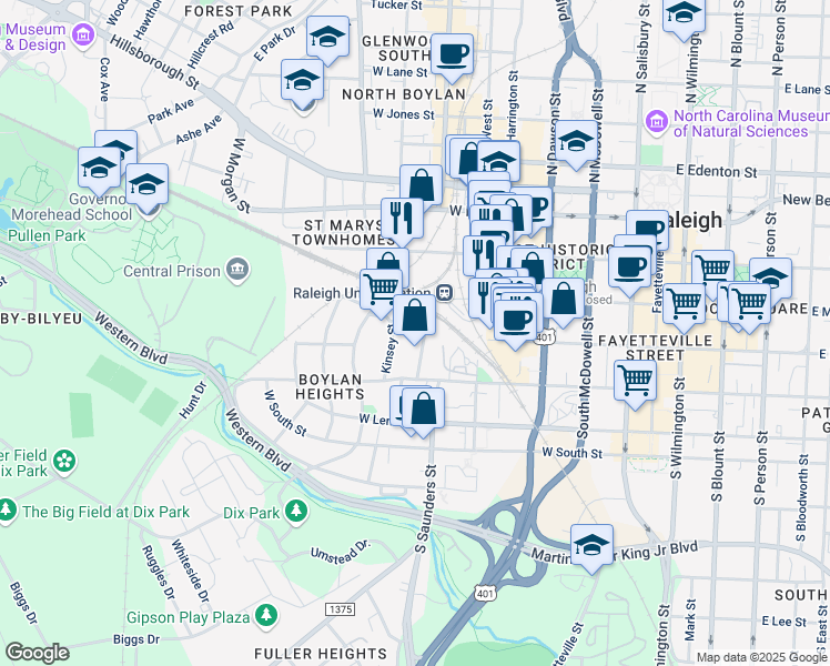 map of restaurants, bars, coffee shops, grocery stores, and more near 324 Dupont Circle in Raleigh